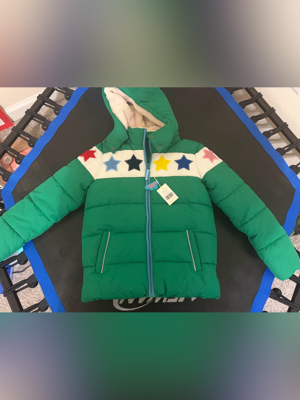 Boden Green Hooded Puffer Jacket with Multicolor Star Accents